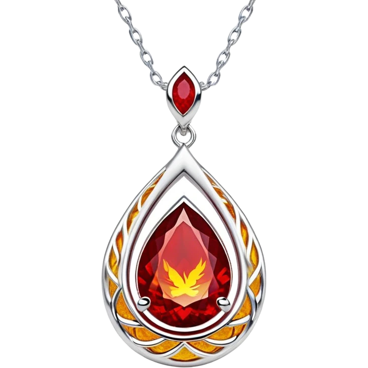phoenix teardrop ruby pendant, deep red core with yellow ember edges, floating silver chain, pulsing rebirth glow emoji