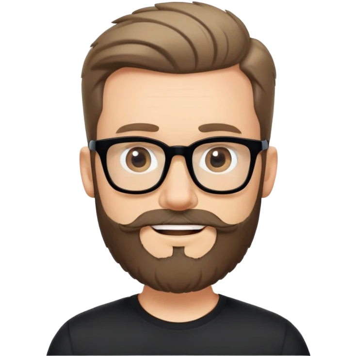Caucasian man with complete beard, short hair styled up, large black eyeglasses, cheerful expression, black athletic shirt emoji