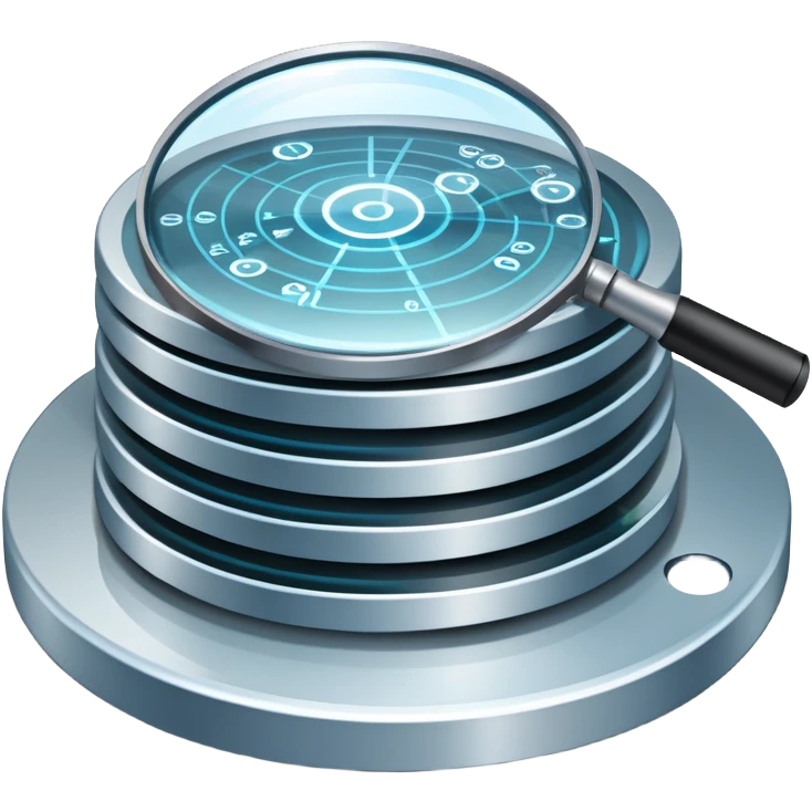 An icon featuring stacked server disks, a digital network grid, and binary code, symbolizing databases. The design includes data flow arrows and a magnifying glass, representing storage, organization, and retrieval of information. Transparent background highlights data-driven technologies. emoji