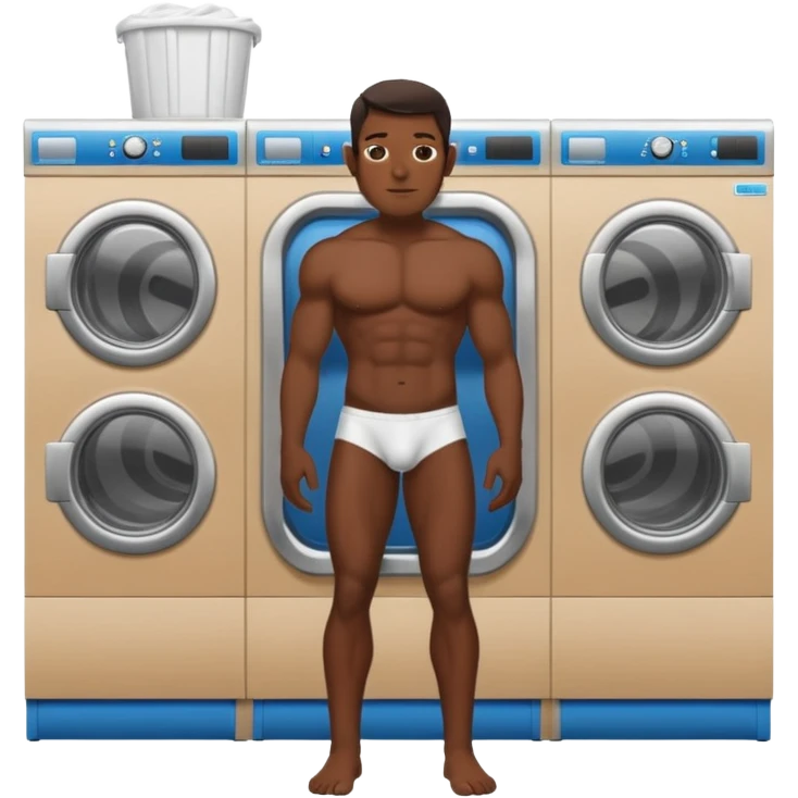 full view of a naked muscular dark skin man in a laundromat with penis  emoji