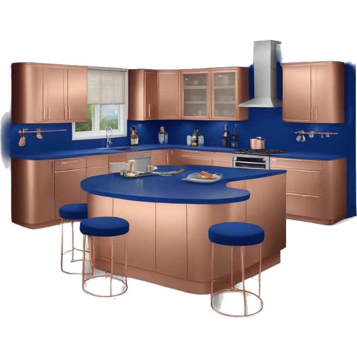 Realistic front facing rose gold and cobalt blue kitchen with counter and island bar. emoji