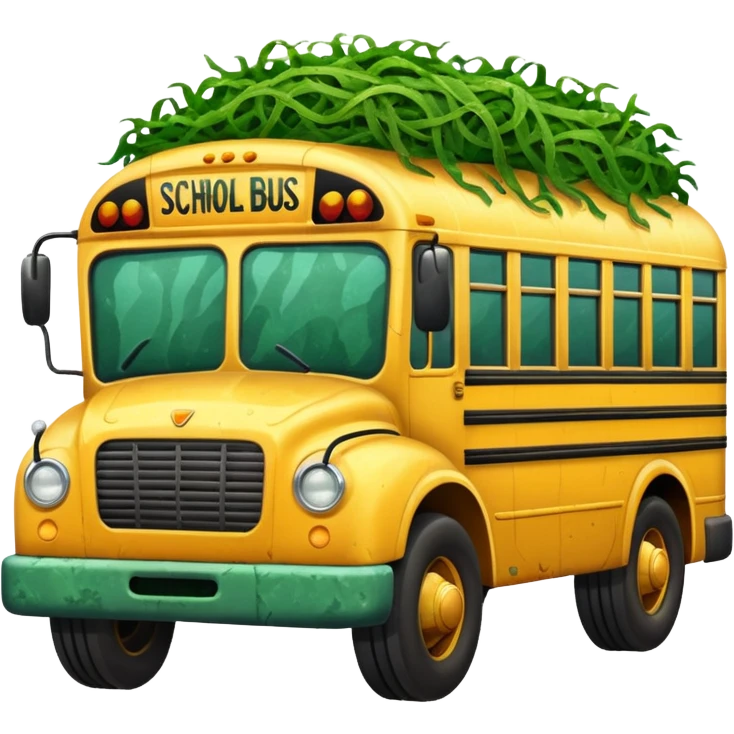 Front view of a School bus covered in seaweed emoji