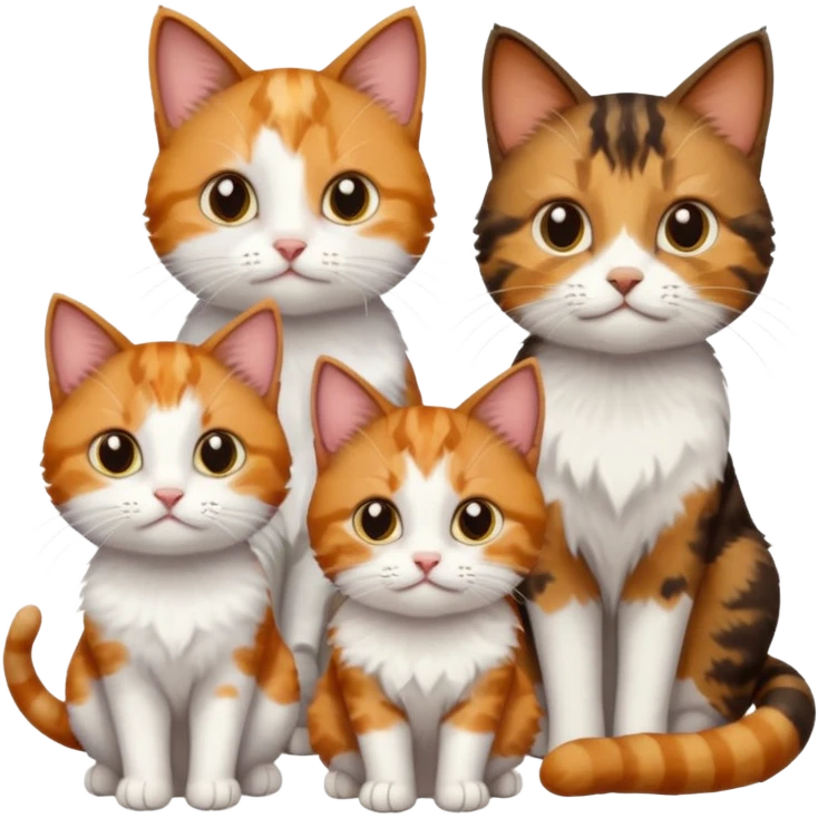 3 different coloured small cats including a dark brown tabby and white, a patchy calico, and a ginger and white emoji