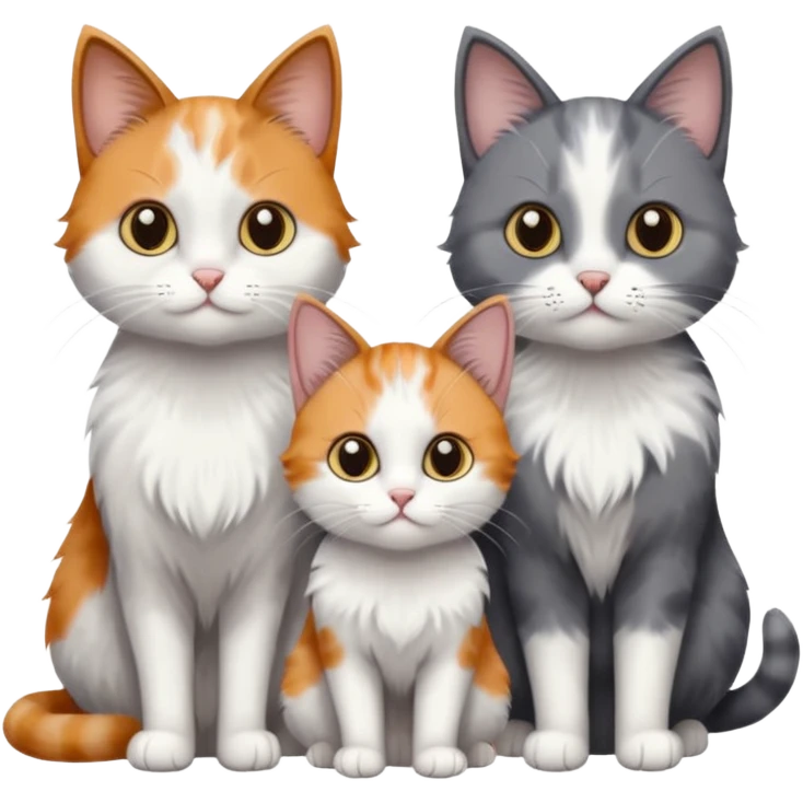 3 different coloured small cats including a dark grey and white, and a patchy calico and a solid grey with only white paws emoji