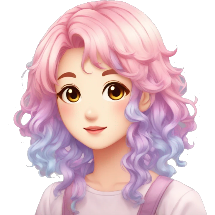 Gorgeous anime style shojo character with blushing face aesthetic and pretty colorful shiny gradient pastel hair with hair garment trending style emoji