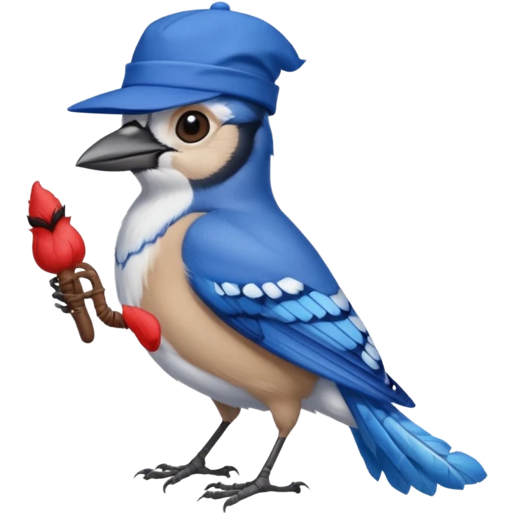a blue jay wearing a hat, holding a worm emoji