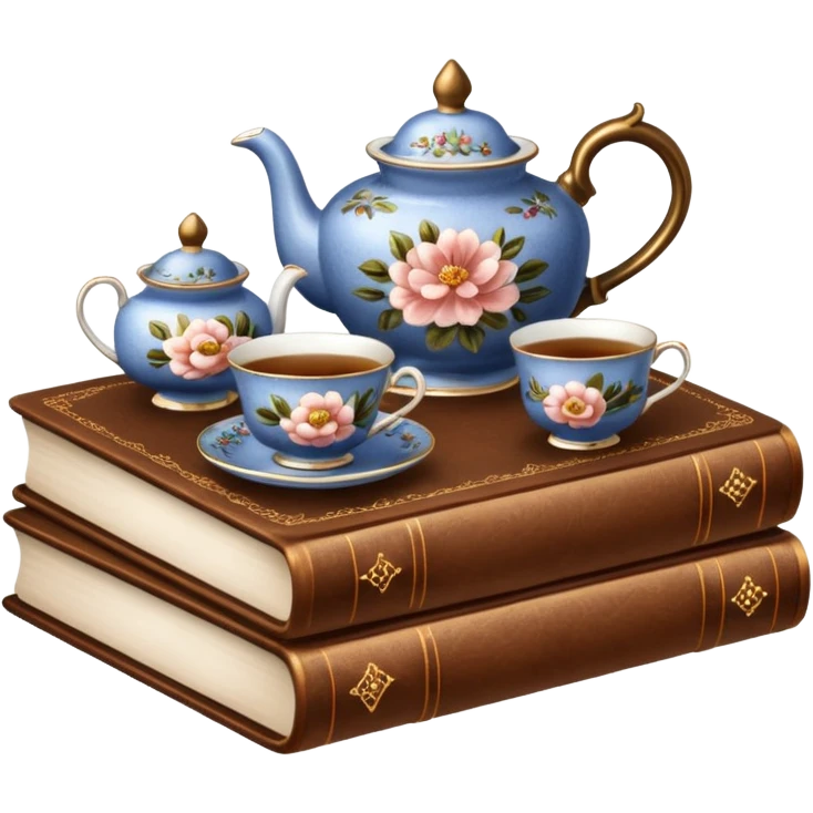 A beautiful vintage tea set stands on a brown book emoji