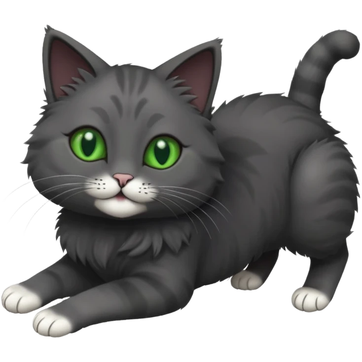 solid dark grey cat with green eyes, completely solid grey face, white toes/paws playfully rolling upside down emoji