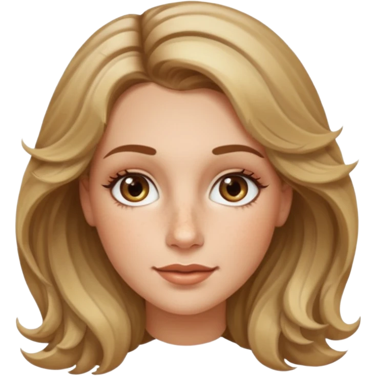 creative women with long dark Blond with highlights semi curly hair white women, oval shape face hazel eyes long lashes freckles on the nose high cheek bones emoji