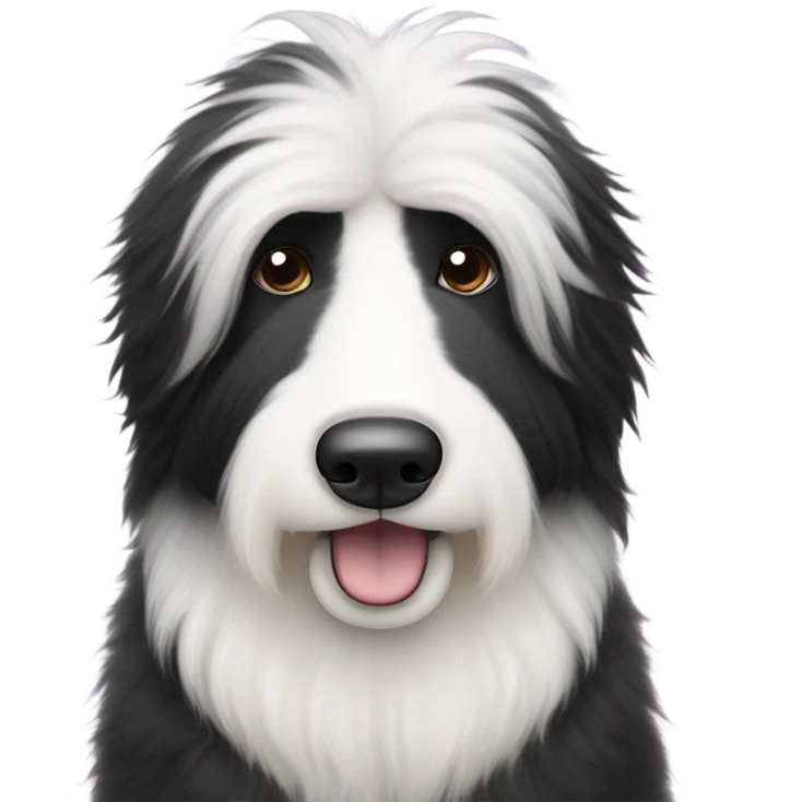 Very fluffy and full Half white half black old English sheepdog face where left half is white. EYE SECTION OF FACE SHOULD BE HALF AND HALF DOWN THE MIDDLE emoji