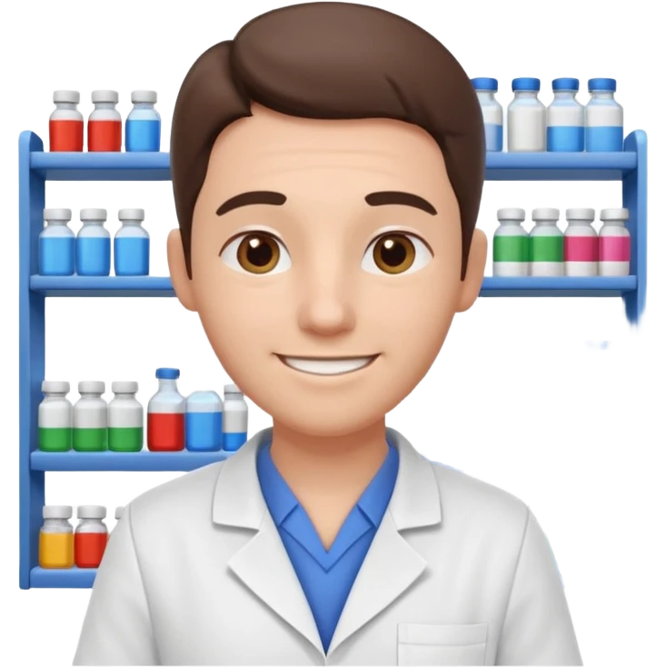 pharmacist portrait, head and shoulders only, wearing a pharmacy apron, casual outfit, friendly smile, retail pharmacy vibe, 3D cartoon, mobile game icon style, clean background, no text, no watermark emoji