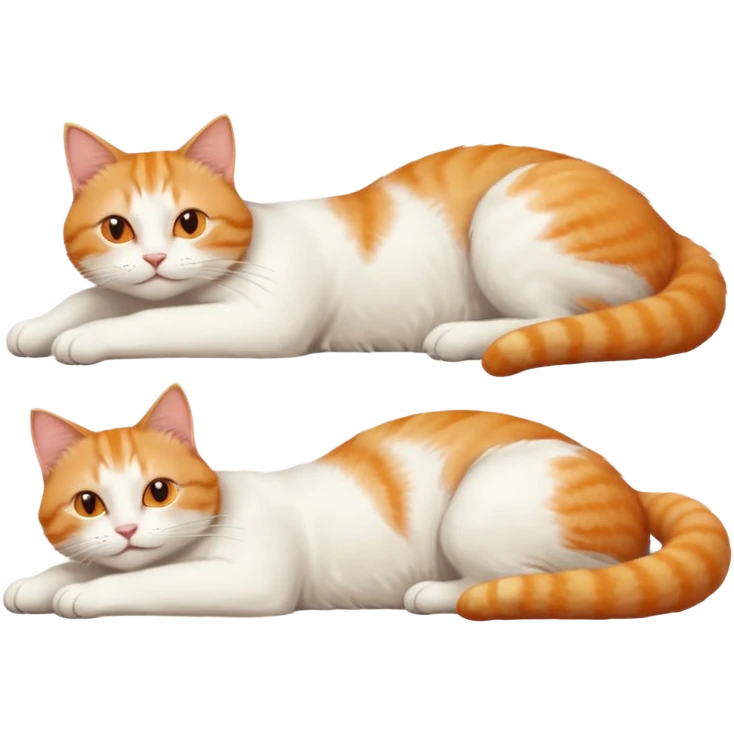 ginger and white cat with orange eyes doing a big extremely long stretch reaching up into the air with arms and legs side by side together straight and overextended whilst lying on its side emoji