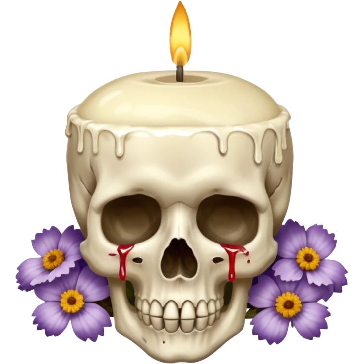Large candle on a small skull covered in dried flowers emoji