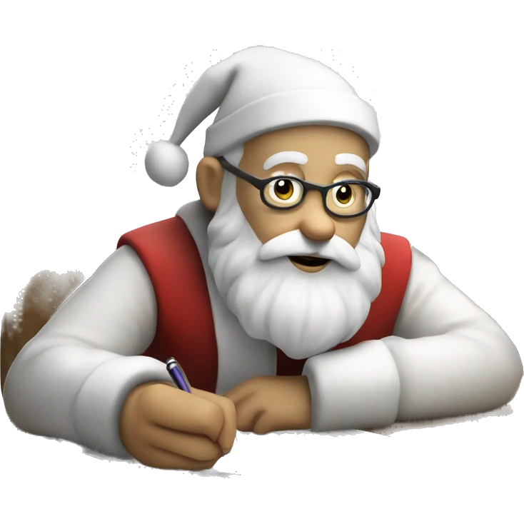 White Santa Claus is sitting on a desk, writing something down on a sheet of paper, solving complicated math puzzles  emoji