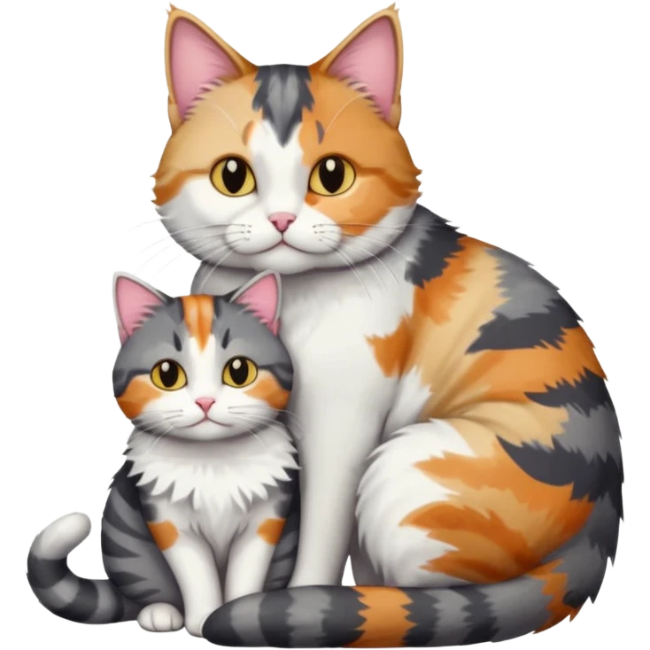 full body colourful light patched calico + white tabby cat cuddling a bigger cat that is dark grey and white tabby cat  and they are in love emoji