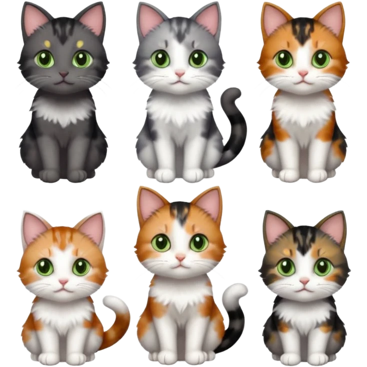 6 different coloured small cats including a dark grey and white, and a patchy calico, and a brown tabby and white,  and a completely solid dark grey with green eyes and only white paws emoji