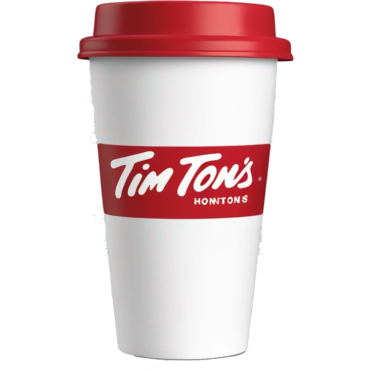 “Red Tim Hortons coffee cup with large white ‘Tim Hortons’ logo in script, black plastic lid, and a simple, clean design.” emoji