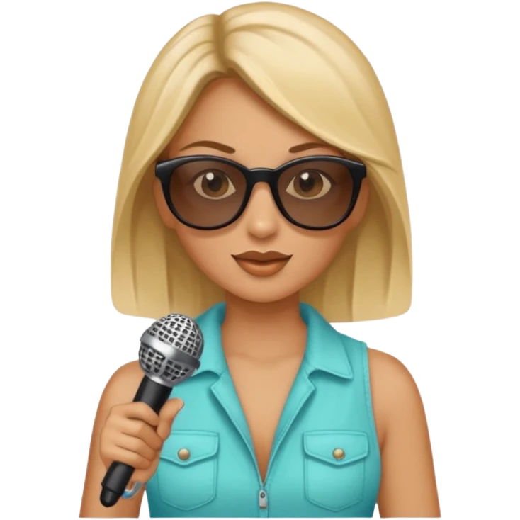 woman with summer clothes and sun glasses holding microphone emoji