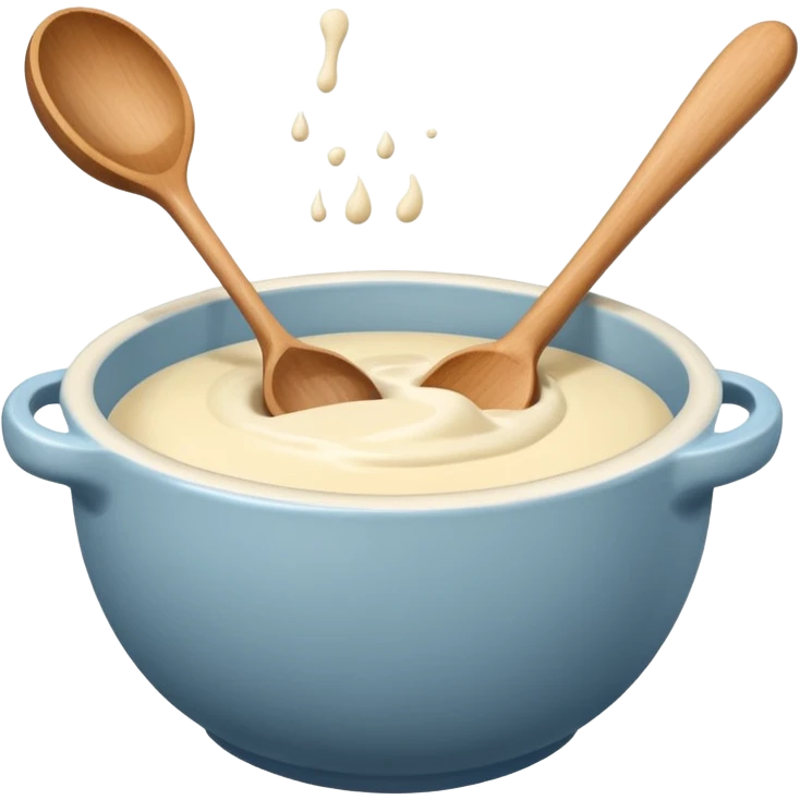 a cream ceramic mixing bowl with a wooden spoon stirring emoji
