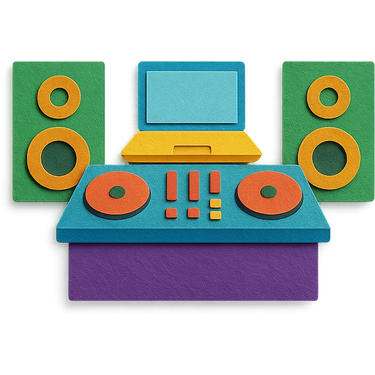 DJ table with laptop, mixer, and two large speakers, vibrant paper textures emoji