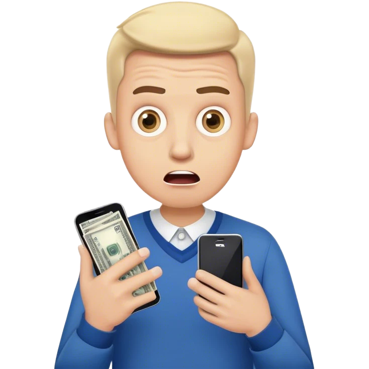 A surprised man holding a smartphone, wide eyes and open mouth, showing a banking app with a negative balance or notification of stolen money, hands in a shocked gesture, light skin tone, modern clothing, simple emoji style emoji