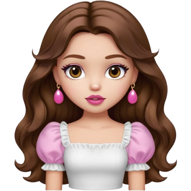 generate a pretty bratz girl with in a white puff sleeve top. Pink lipgloss. Brown wavy hair long.  emoji