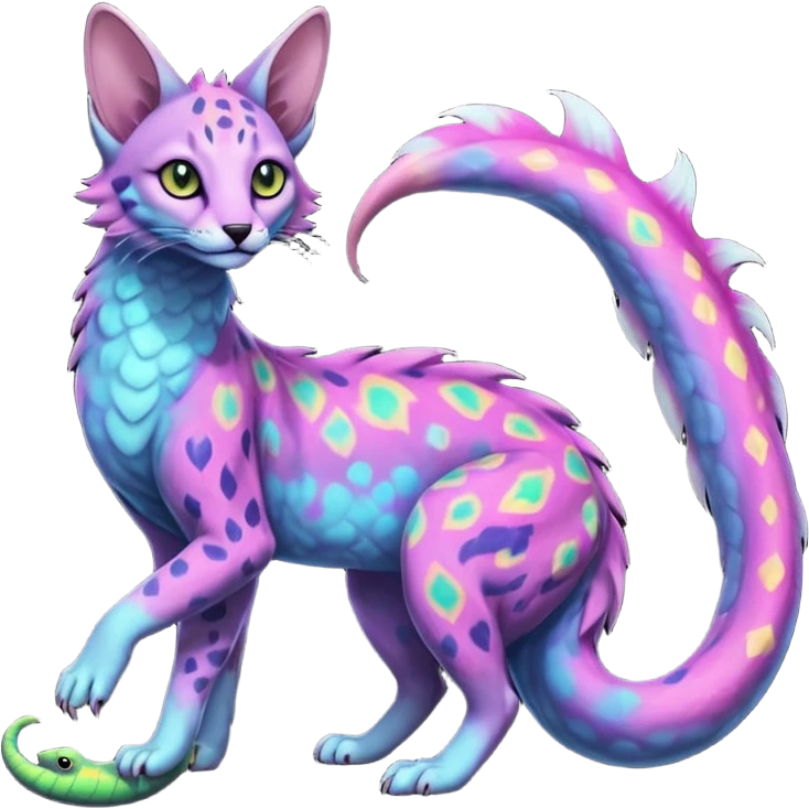 Flurry furry colorful nebula nebulae iridescent galactic starry shiny neon-glowing-patterns on gloomy dusky scaly sergal-serval-possum-sphynx-Koi-sergal-fusion-animal-hybrid-creature with a snake-tail emoji