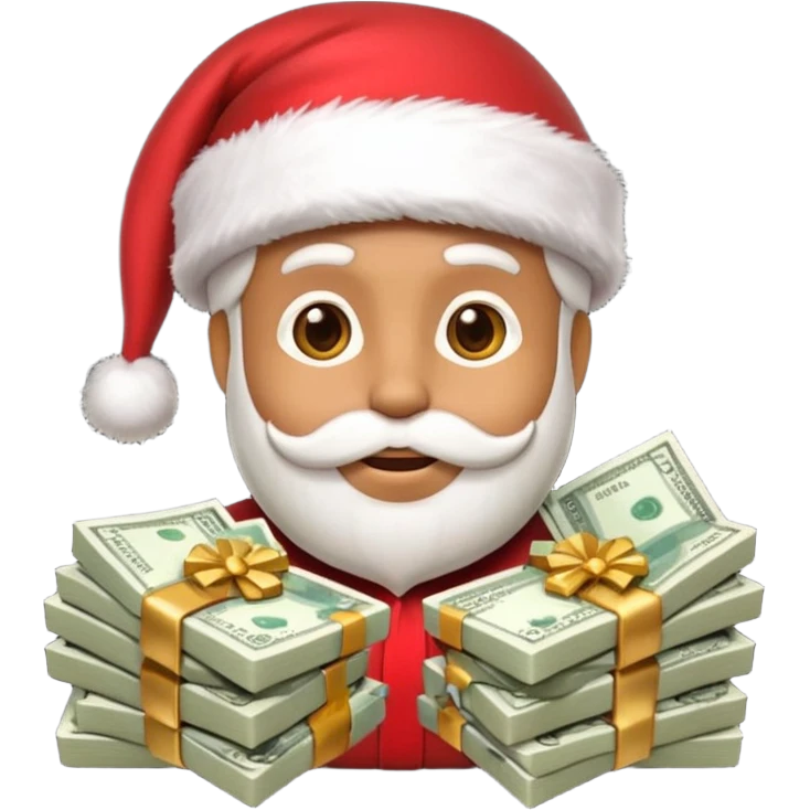 A confident rich emoji face wearing a Santa hat, money stacks, casino vibe, New Year theme, premium 3D emoji style, sharp details, no text, isolated on transparent background emoji