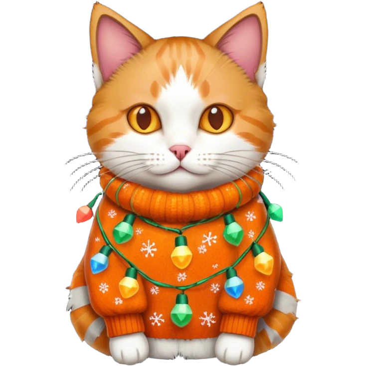 cat wearing a christmas sweater wrapped in christmas lights emoji