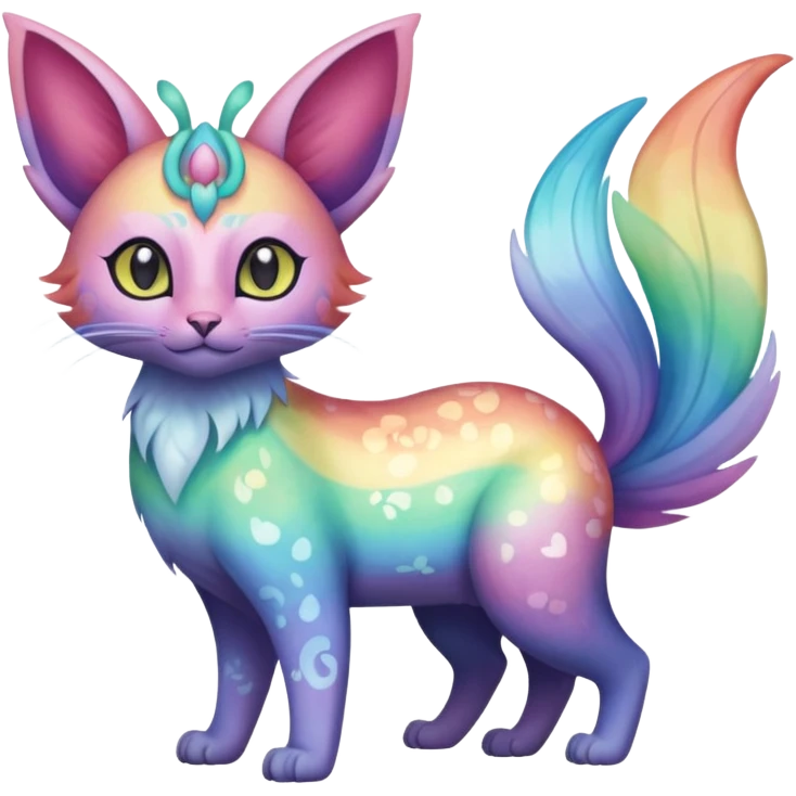 White pastel iridescent rainbow-gradients-color-marked with swirly patterns butterflies  faerie-Noivern-Noibat-Purloin-Torracat-Lykoi-Caracal-cat-Fakemon-fusion-hybrid-creature emoji