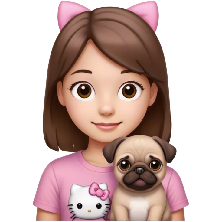 Happy Young Girl with pink hello kitty shirt brown hair and brown eyes and brown pug emoji