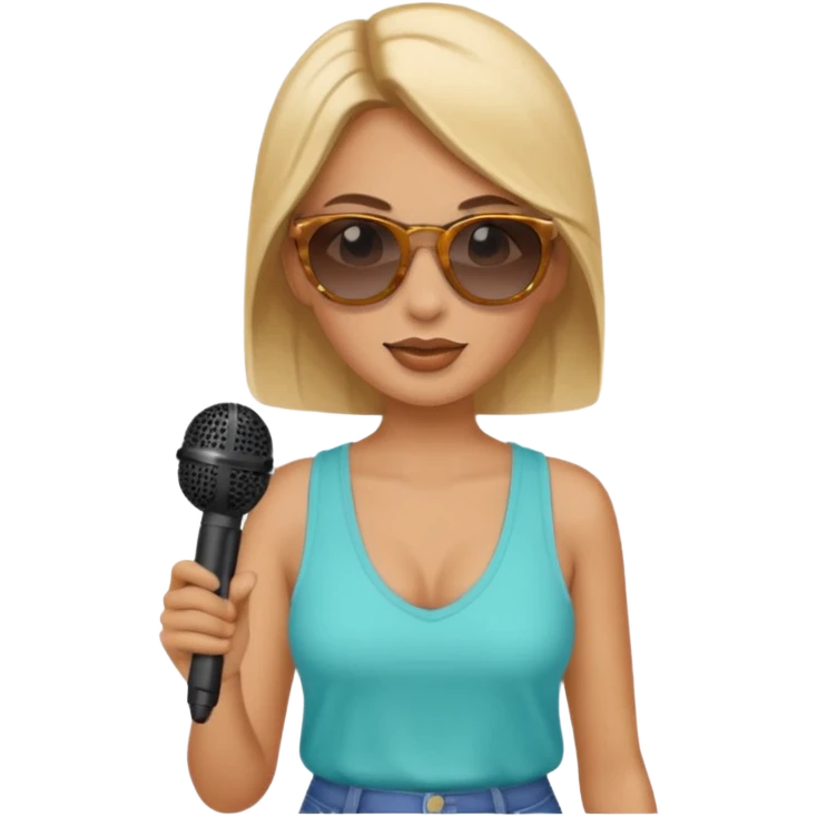 woman with summer clothes and sun glasses holding microphone emoji