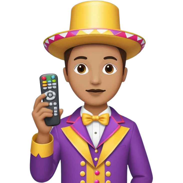 Uma pessoa com um controle remoto de televisão na mão e vestida de fantasia de carnaval emoji
