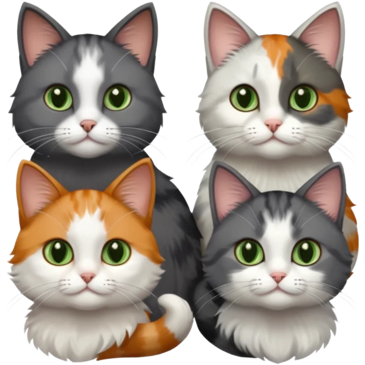 3 different coloured small cats including a dark grey and white, and a patchy calicowith hazel eyes  and a completely solid dark grey with green eyes and only white paws emoji