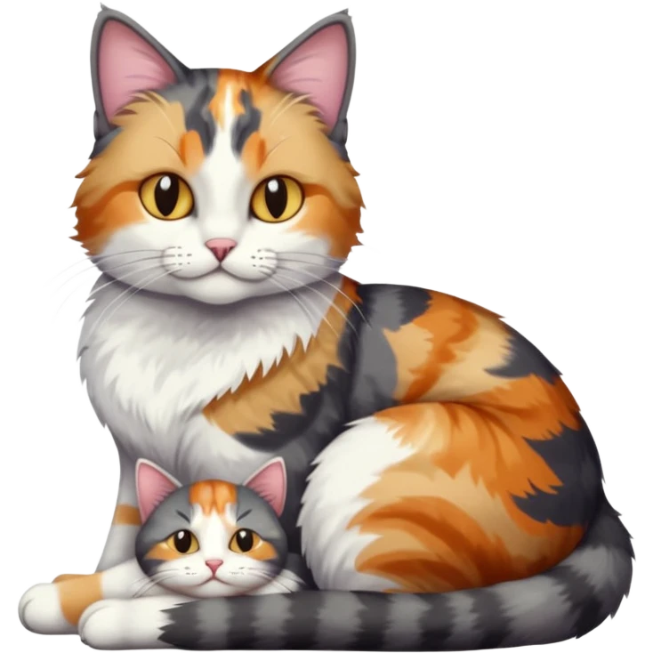 full body colourful light patched calico + white tabby cat cuddling a big dark grey and white tabby cat  emoji