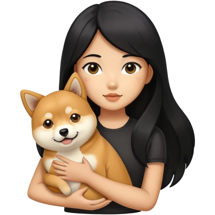 girl with black long hair holding a Shiba Inu emoji