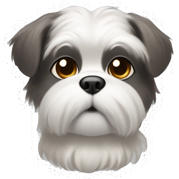 A white Shitzu with a bit of brown fur on her mouth, and a little bit of dark grey fur on her eyes and ears. emoji