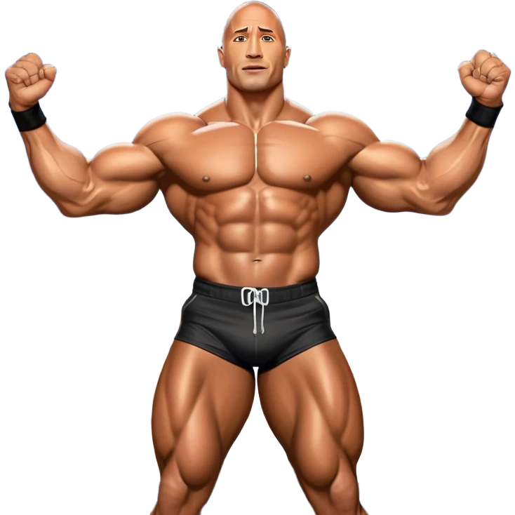 Dwayne 'The Rock' Johnson on stage at the Mr. Universe bodybuilding competition, covered in oil, flexing his powerful muscles. His physique shines under bright stage lights, showcasing his strength and dedication. The audience and judges are blurred in the background. Transparent background. emoji