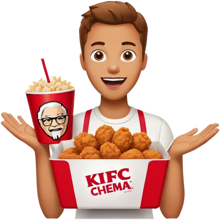 Create an emoji of a person holding a KFC meal with the phrase 'Absolute Cinema' in bold text. The person should look excited, as if they're enjoying the best meal ever. Use vibrant colors and a fun, expressive style. emoji