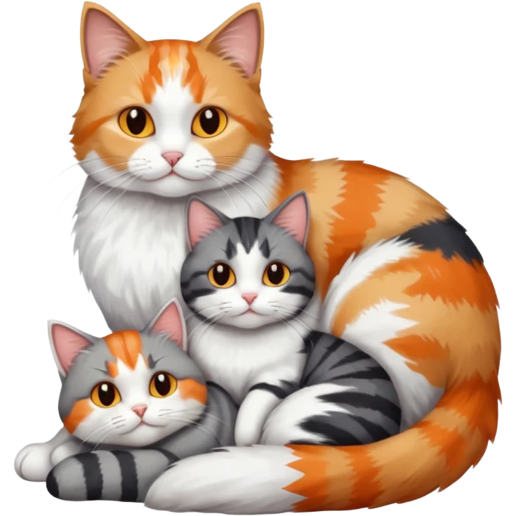 full body colourful light patched calico + white tabby cat cuddling a grey and white cat  emoji