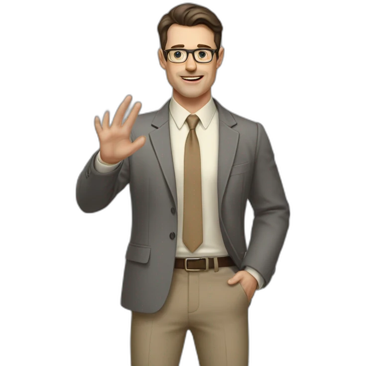 Full height Actively gesturing with hands Pale skinned fit man with dark brown hair in gray jacket, beige office shirt, brown tie, brown pants and vintage glasses. emoji