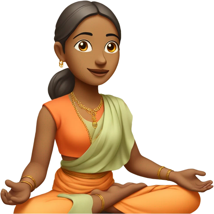 Indian female yogi with meditative expression.  sitting in a lotus position. She wears a sleeveless pastel-colored shirt paired with a flowing orange robe, symbolizing traditional yogic attire. A small red bindi adorns her forehead emoji