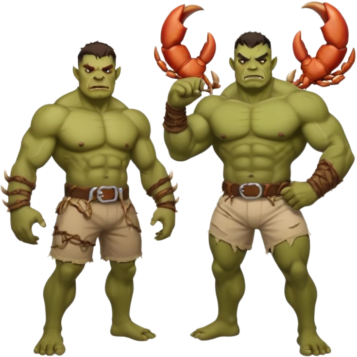 orc male flexing with giant crab. Torn net shorts, claw trophy belt emoji