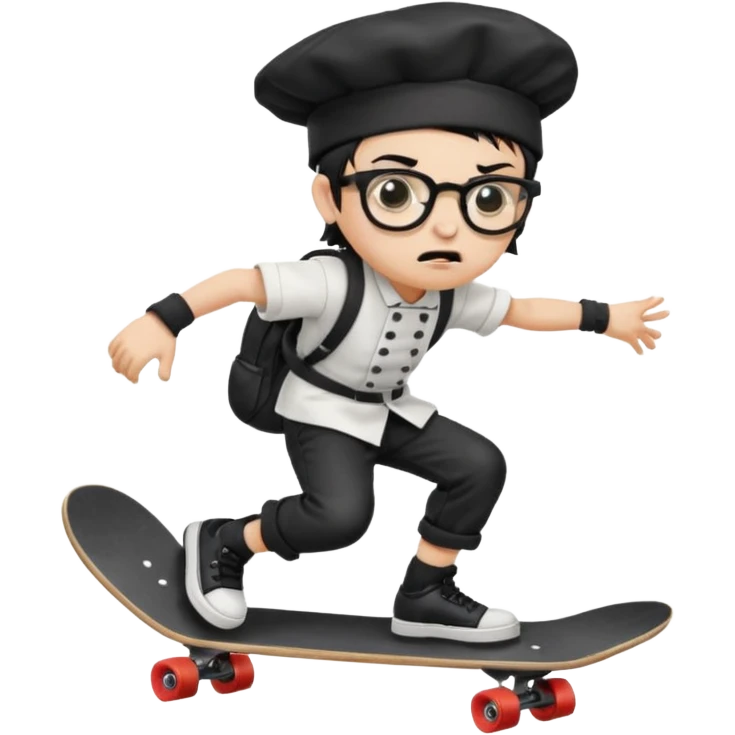 ["An angry boy  wearing a chef hat and square glasses, dressed in goth fashion, is skateboarding while holding a backpack."] emoji