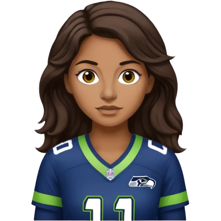 Long wavy Dark brown hair, brown eyes with small nose ring of seahawks fan women emoji