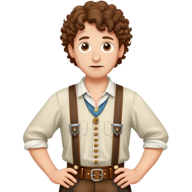 German person with brown curly hair in typical Bavarian clothing (lederhosen) shrugging and looking lost emoji