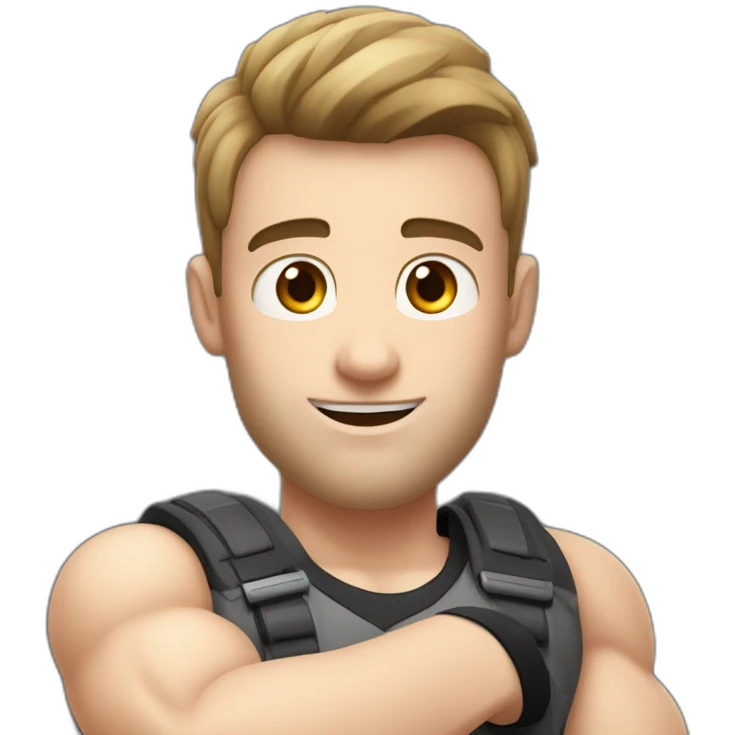 Close up Actively gesturing  with hands Pale skinned Fit Man With the biceps and brown hair in dark gray Sleeveless Mike, black oversize sports shorts, watch and white Sneakers emoji