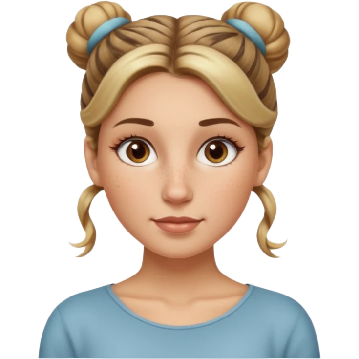 creative women with long dark Blond with highlights semi curly hair white women with hair in a top bun, oval shape face hazel eyes long lashes freckles on the nose high cheek bones emoji