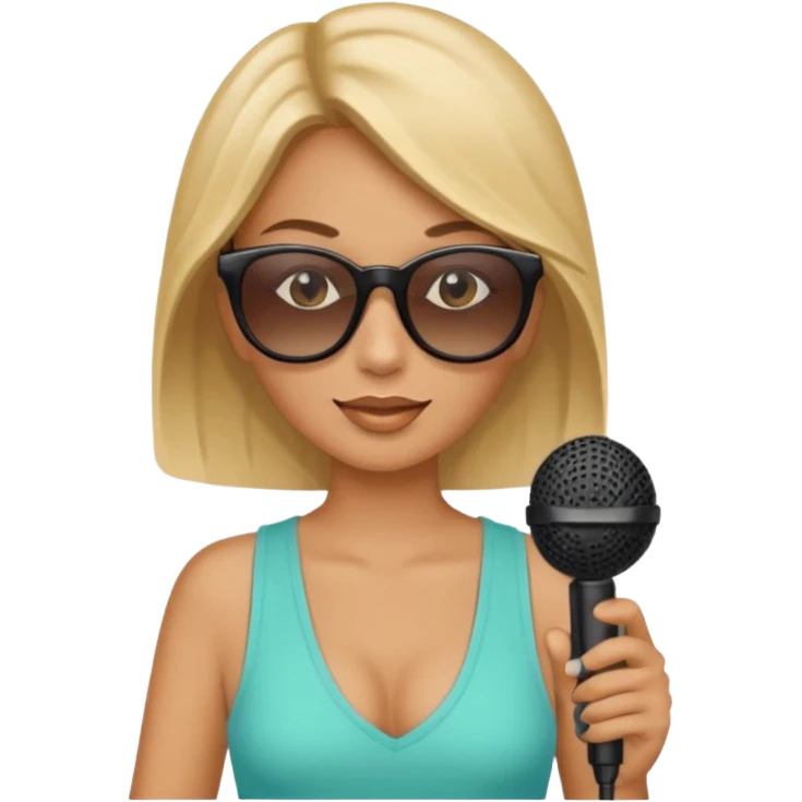 woman with summer clothes and sun glasses holding microphone emoji