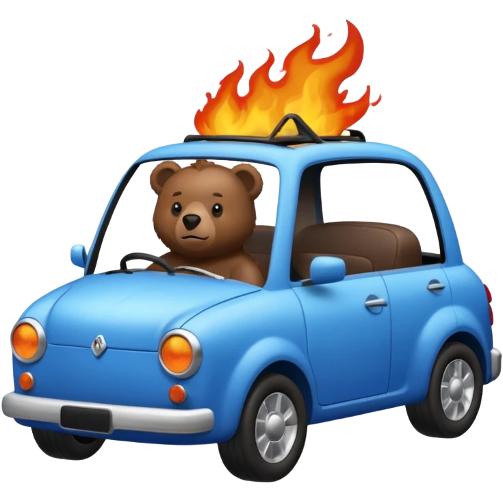 brown bear sitting inside a blue car that is on fire emoji